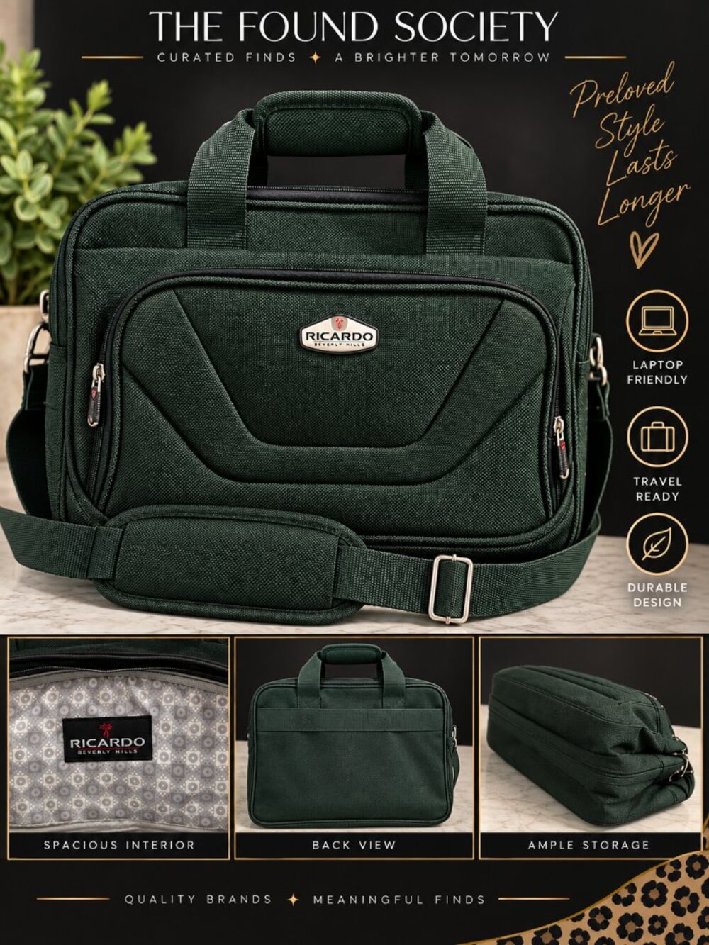 Ricardo Beverly Hills Green Laptop Briefcase Travel Carry On Bag